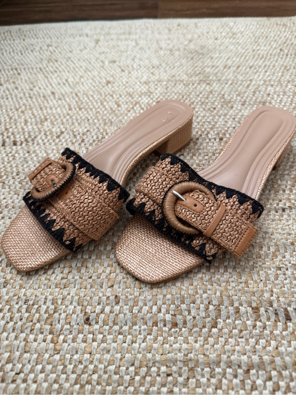 Woven Tan Slide Sandals with Black Trim